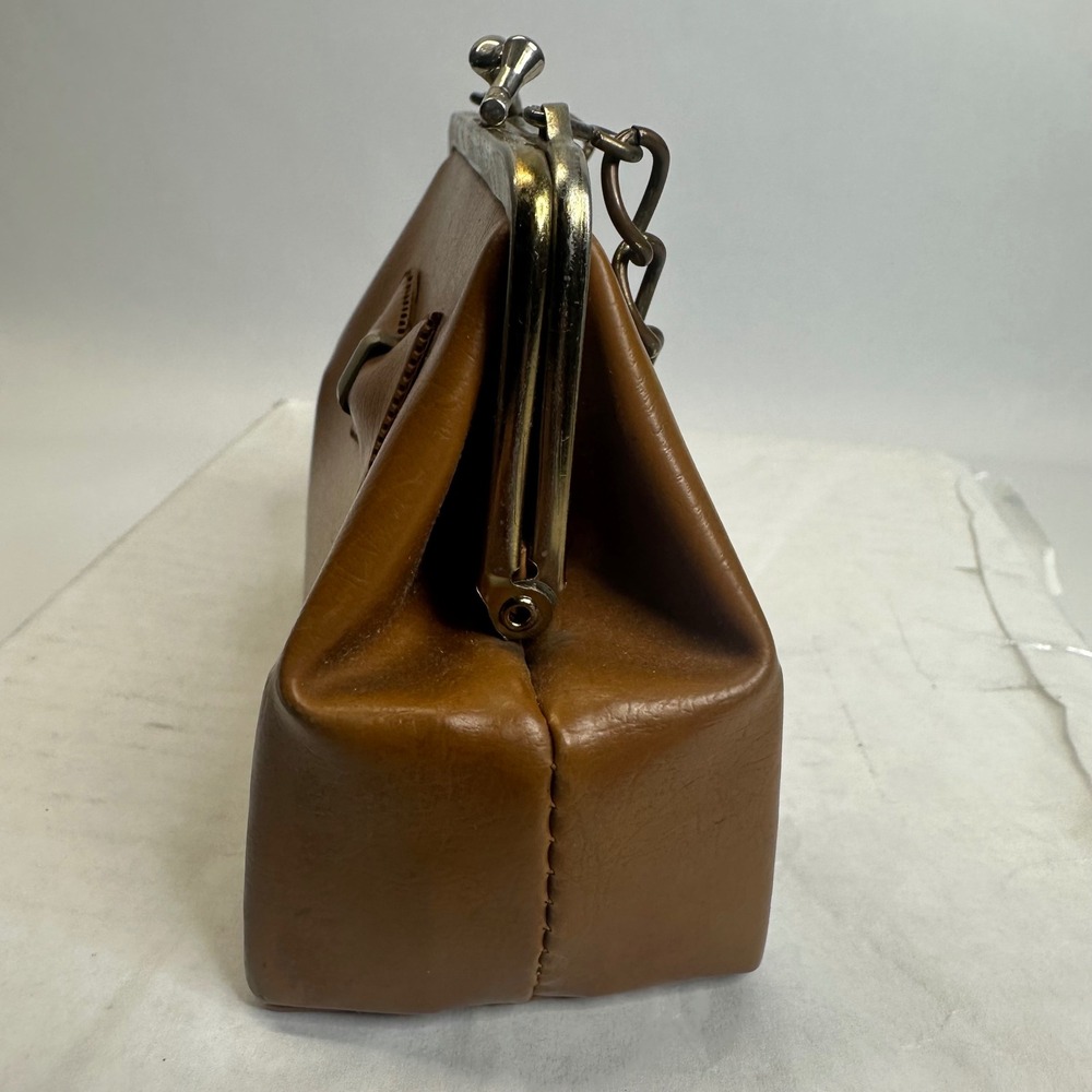 Vintage Style Cognac Brown Bow Frame‎ Clutch Kiss Lock Chain Handle Handbag - Picture 5 of 10